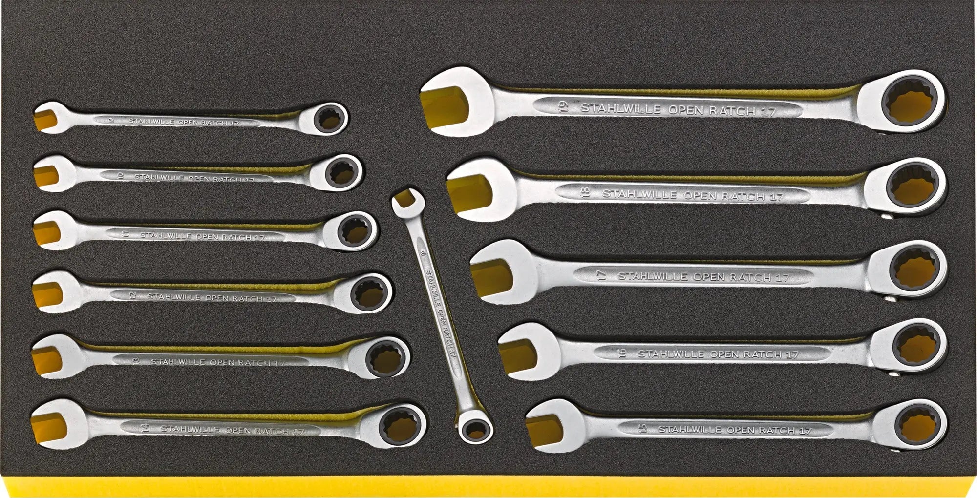 Stahlwille Set of 12 Ratchet Ring Combination Wrench with TCS Insert, 8 - 19mm, 250 x 460 x 30mm - ST 96830128 Stahlwille