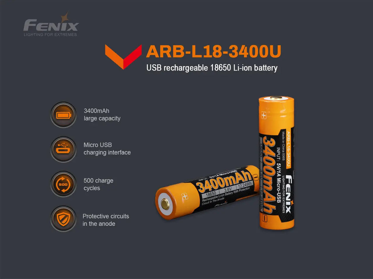 Fenix 18650 USB Rechargeable Battery, 3400mAh - F FX-ARBL183400U Fenix