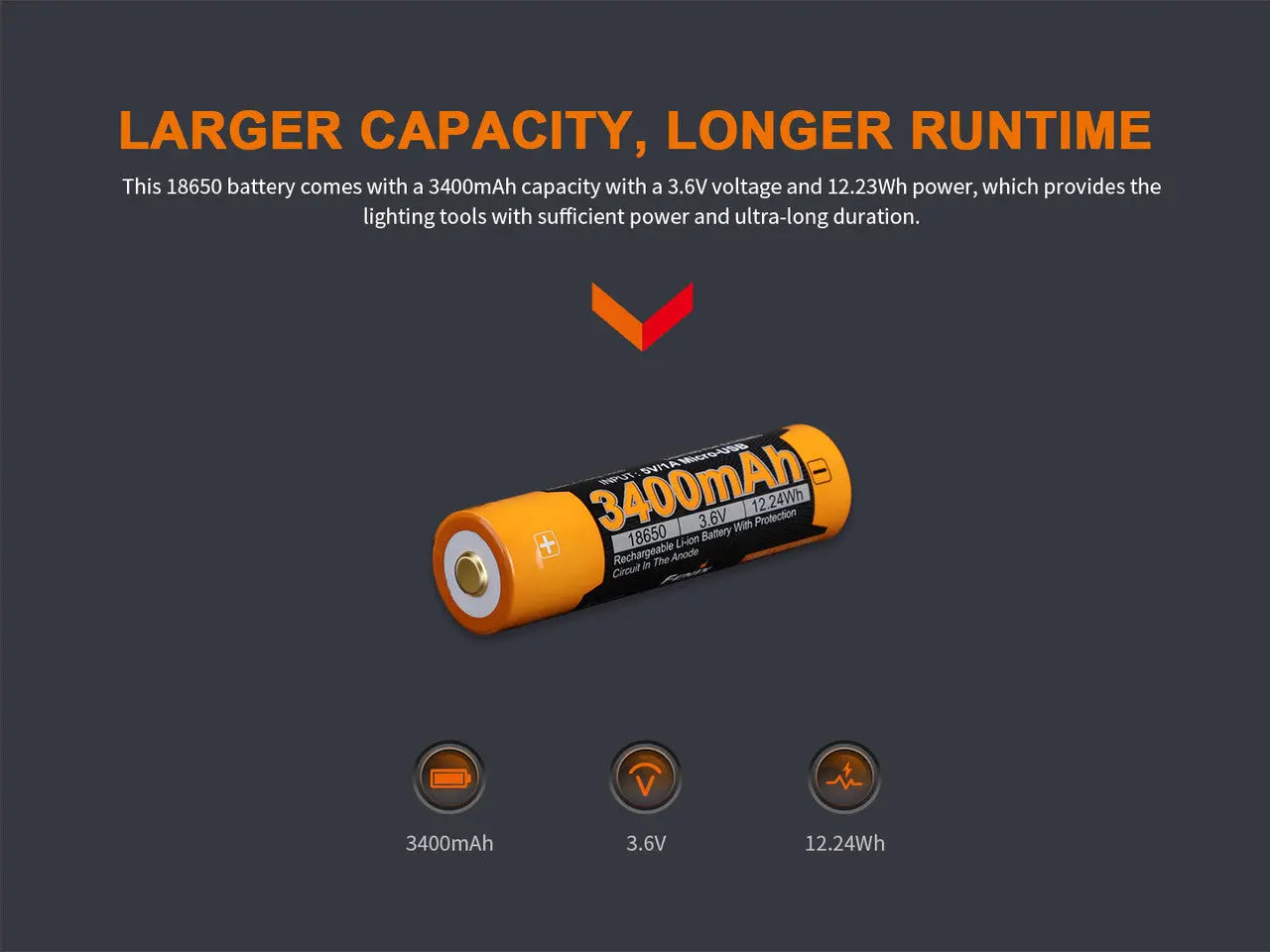 Fenix 18650 USB Rechargeable Battery, 3400mAh - F FX-ARBL183400U Fenix