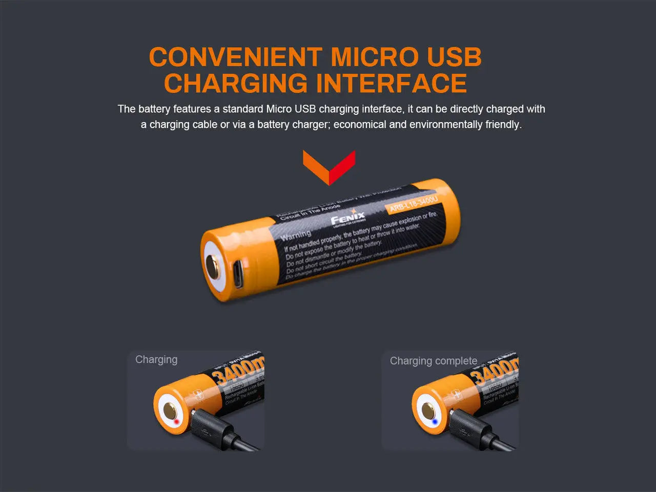 Fenix 18650 USB Rechargeable Battery, 3400mAh - F FX-ARBL183400U Fenix