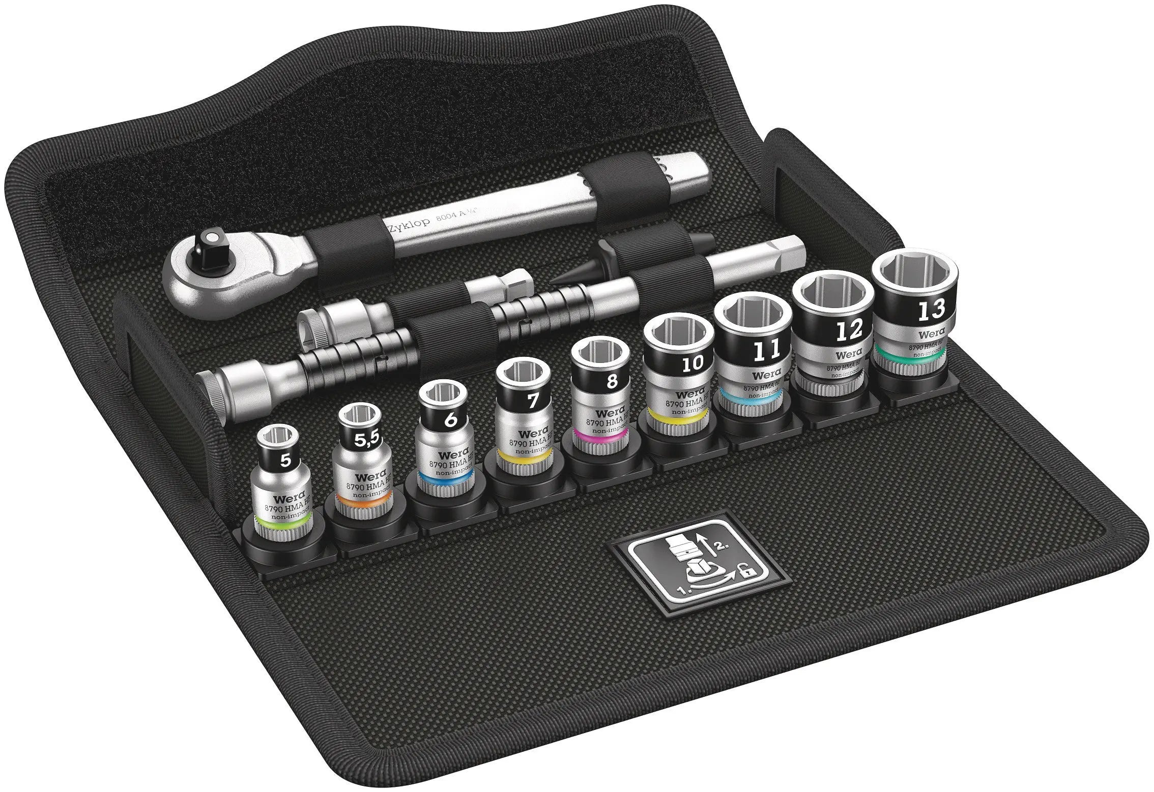 Wera 8100 SA 12 HF Zyklop Metal Ratchet Set push-through square, 1/4" drive, holding function 05003756001 Wera