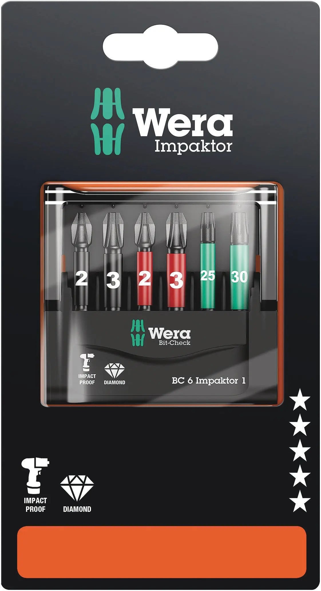 Wera BIT-CHECK 6 IMPAKTOR 1 SB BITS FOR PH/PZ/TX SCREWS 05073890001 Wera