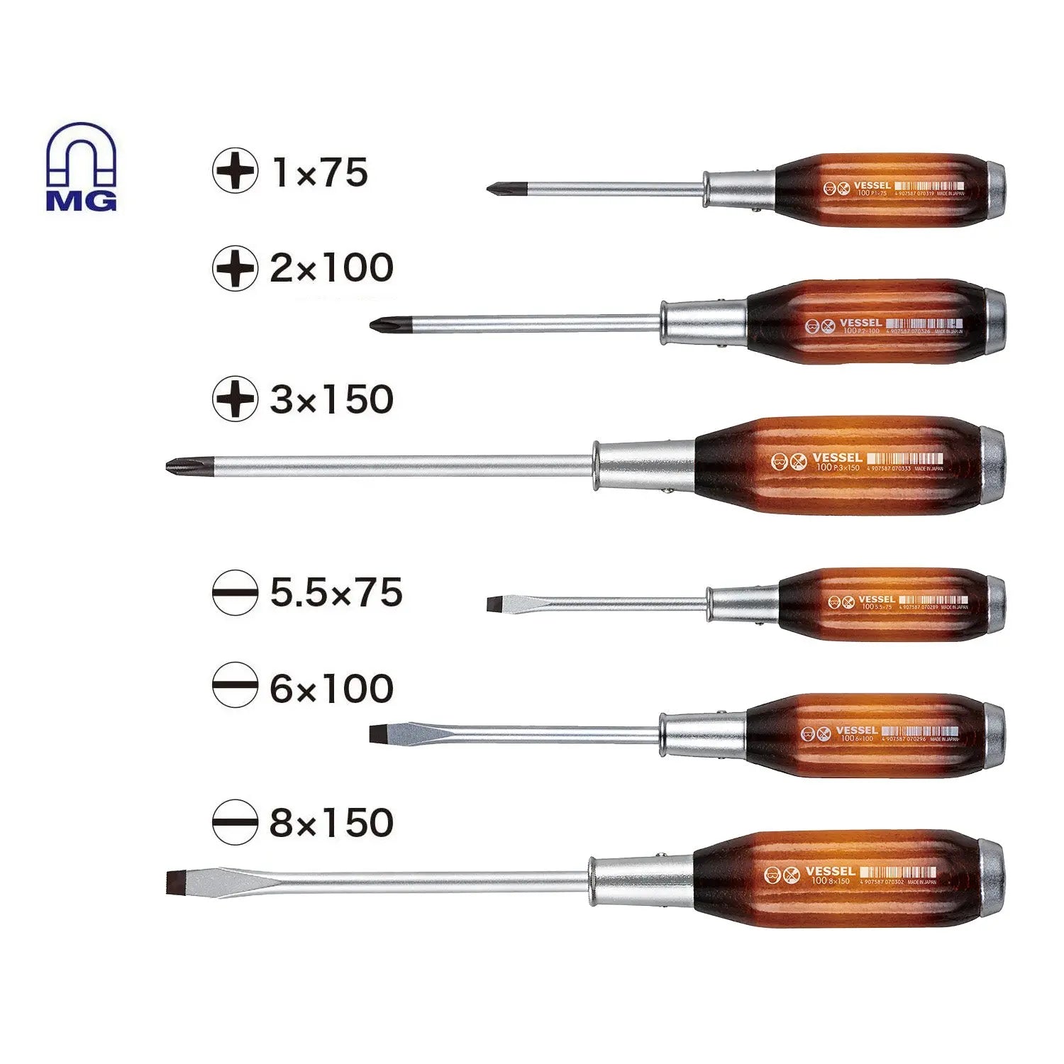 Vessel Premium Wood Handle Tang-Thru Screwdriver 6PC. Set VL 1006PBU