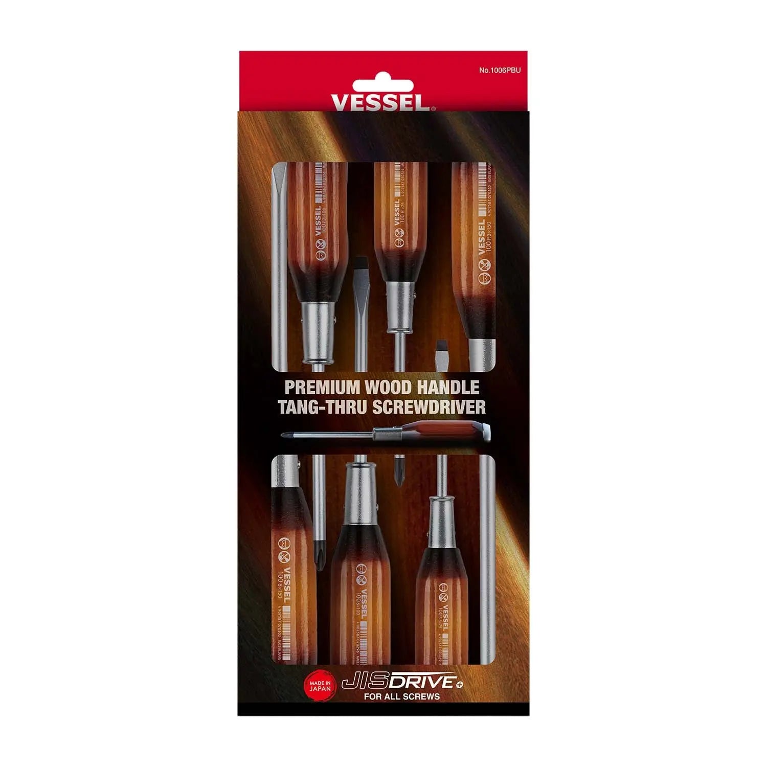 Vessel Premium Wood Handle Tang-Thru Screwdriver 6PC. Set VL 1006PBU