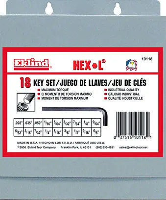 Eklind Set of 18 Short Series Hexagon L-Key with Metal Box - EK 10118 Hexagon L-Key Set Eklind