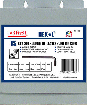 Eklind Set of 15 Short Hexagon L-Key with Metal Box - EK 10515 Hexagon L-Key Set