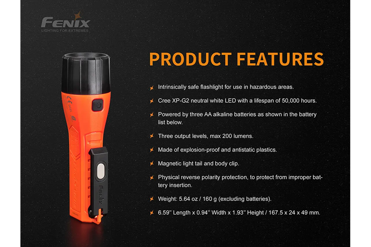 Fenix 200 Lumen AA Intrinsically Safe Flashlight - F FX-WF11E Fenix