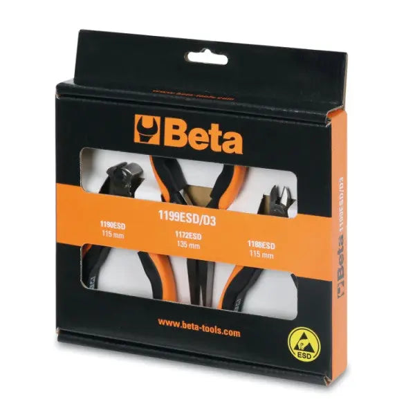 Beta Tools (Article# 1199ESD/D3) Set of 1 Flat and Long Nose Pliers, ESD 1 Diagonal Axial and Semi-Flush Cutting Nippers - BT 011990003 
