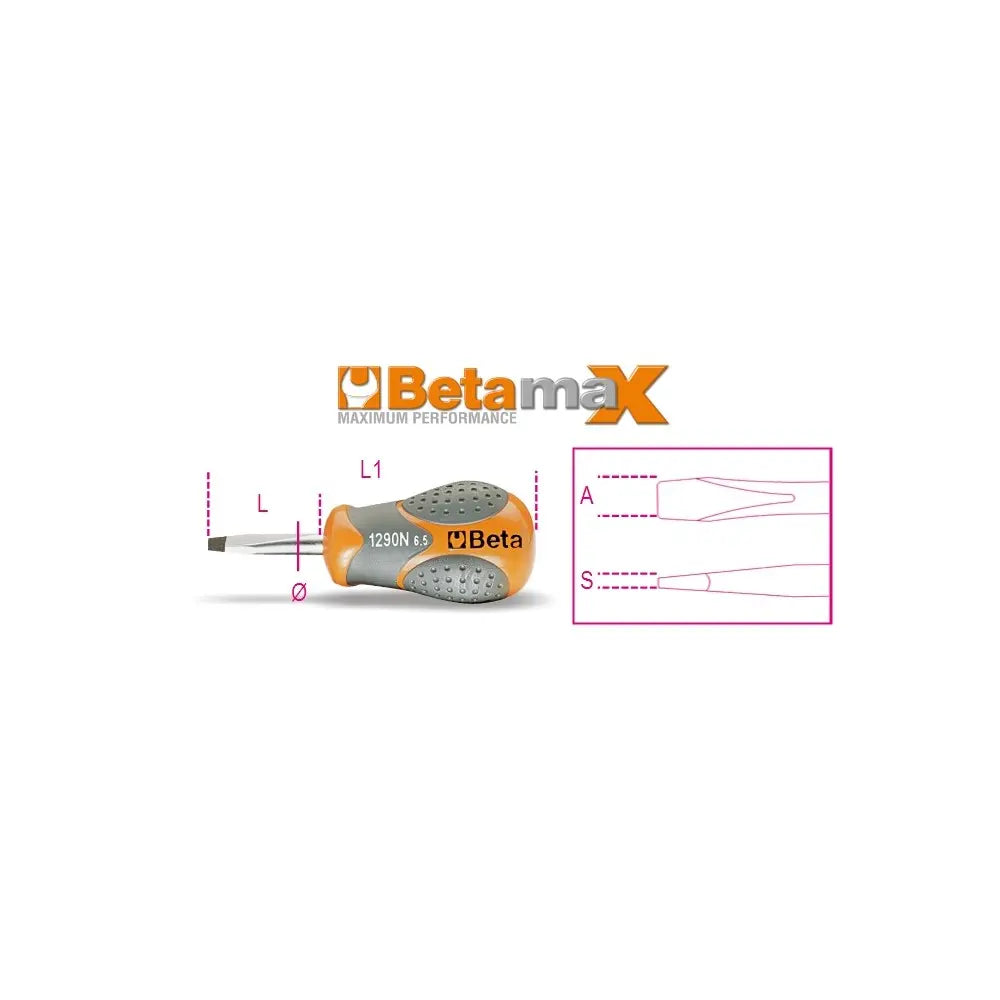 Beta Tools (Article# 1290N 4X30) 4 x 30mm Screwdriver for Slotted Head Screws, Extra-Short Series - BT 12900103 Beta Tools