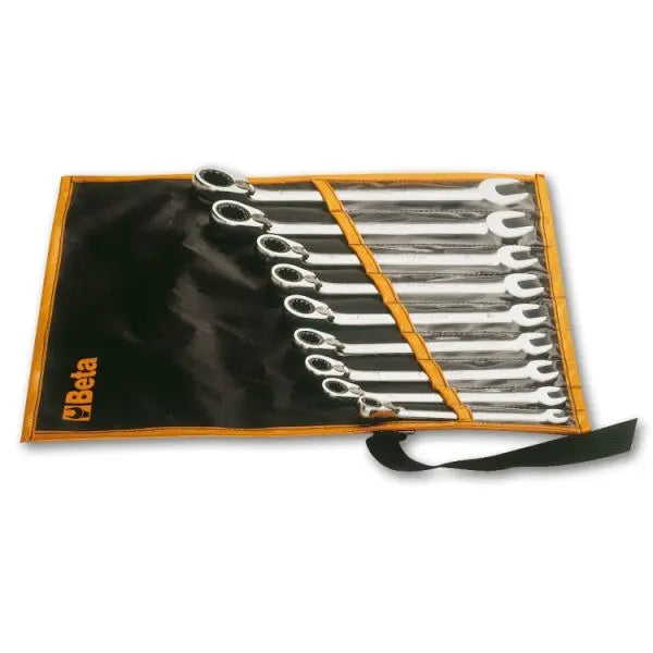 Beta Tools (Article# 142/B9) Set of 9 12 Point Reversible Ratcheting Combination Wrenches in Tool Roll, Chrome-Plated, 8mm-19mm - BT 1420069 Beta Tools