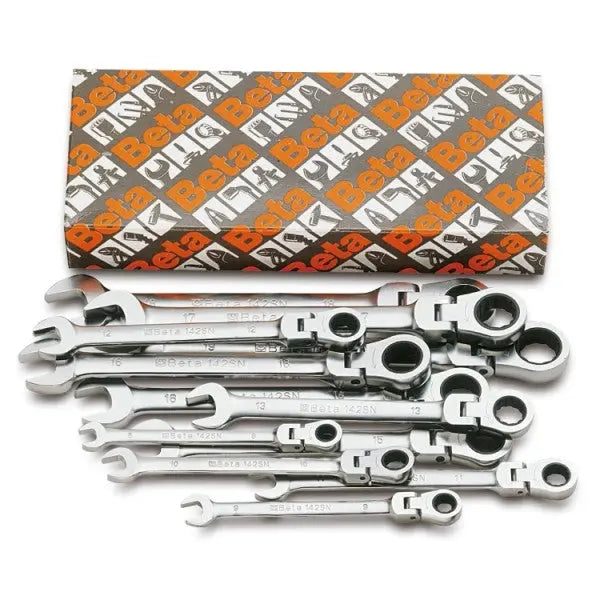 Beta Tools (Article# 142SN/S13) Set of 13 15 deg Flex Head Ratcheting Combination Wrenches, Chrome-Plated, 7mm-19mm - BT 1420263 Beta Tools