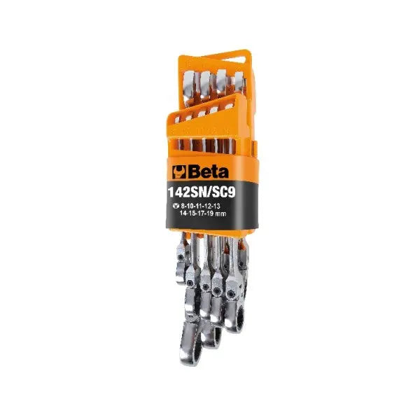 Beta Tools (Article# 142SN/SC9) Set of 9 Swivel-End Ratcheting Combination Wrenches with Holder, Chrome-Plated, 8mm-19mm - BT 1420259 Beta Tools