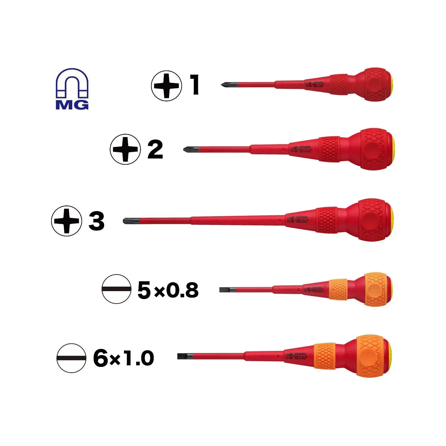 Vessel Tools Set of 5 Ball Grip Insulated Screwdriver - VL 2005PBU Vessel Tools