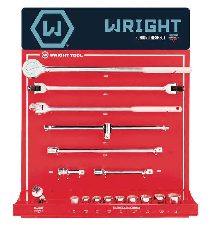 Wright Tool Set of 16 3/4 in Drive 12-Point SAE Polished Fractional Socket, Handle and Attachment Display - WT D949 Socket Set Wright Tool