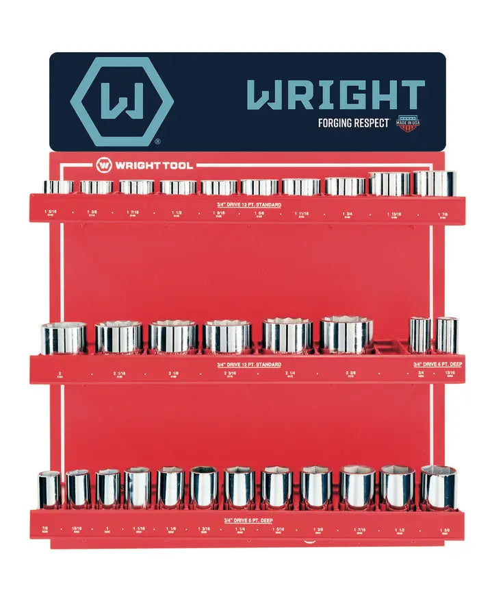 Wright Tool Set of 30 3/4 in Drive 12-Point Standard and Deep SAE Polished Socket Display - WT D950 Socket Display Set Wright Tool