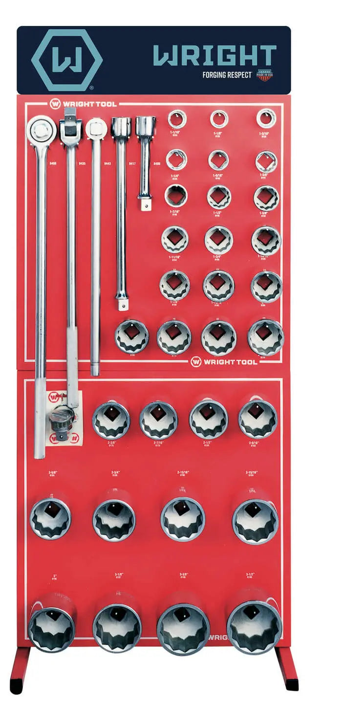 Wright Tool Set of 24 1 in Drive 12-Point Standard SAE Polished Fractional Socket, Handle and Attachment Display - WT D951 Socket Set Wright Tool