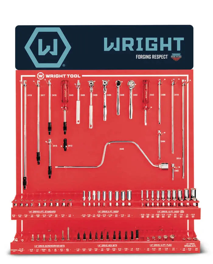 Wright Tool Set of 79 1/4 in Drive 6, 12-Point Polished Fractional Socket, Handle and Attachment Display - WT D982 Socket Set Wright Tool