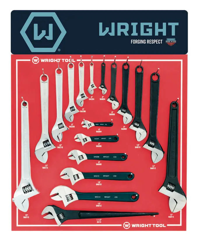 Wright Tool Set of 18 Cobalt and Black Adjustable Wrench Display - WT D961 Wrench Display Set Wright Tool