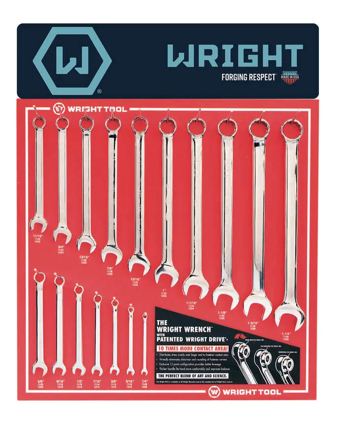 Wright Tool Set of 17 SAE Satin Combination Wrench with Display - WT D977 Combination Wrench Set Wright Tool