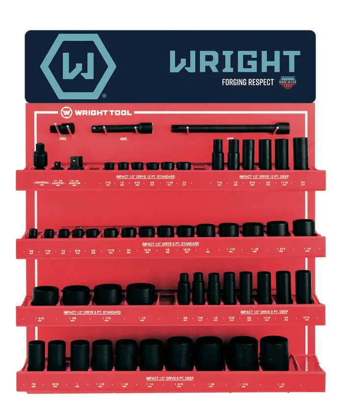 Wright Tool Set of 55 1/2 in Drive 6, 12-Point Standard, Deep SAE Black Oxide Impact Socket and Attachment Display - WT D953 Impact Socket Set Wright Tool