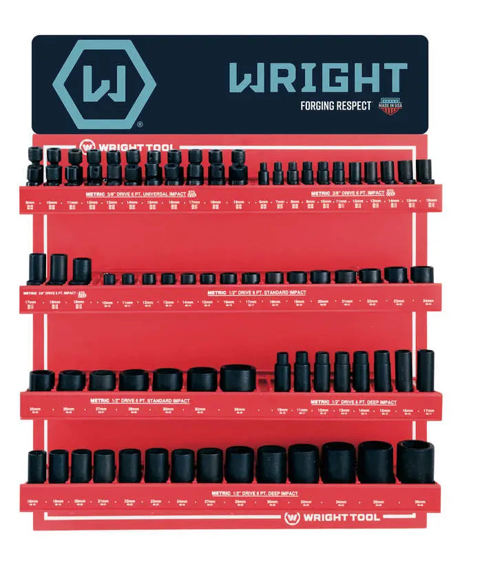 Wright Tool Set of 94 3/8 in, 1/2 in Drive 6-Point Standard, Deep Metric Black Oxide Impact Socket with Display - WT D959 Impact Socket Set Wright Tool