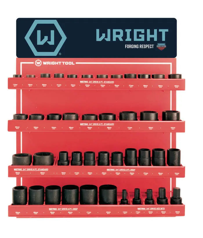 Wright Tool Set of 43 3/4 in Drive 6-Point Standard, Deep Metric Black Oxide Impact Socket with Display - WT D960 Impact Socket Set Wright Tool