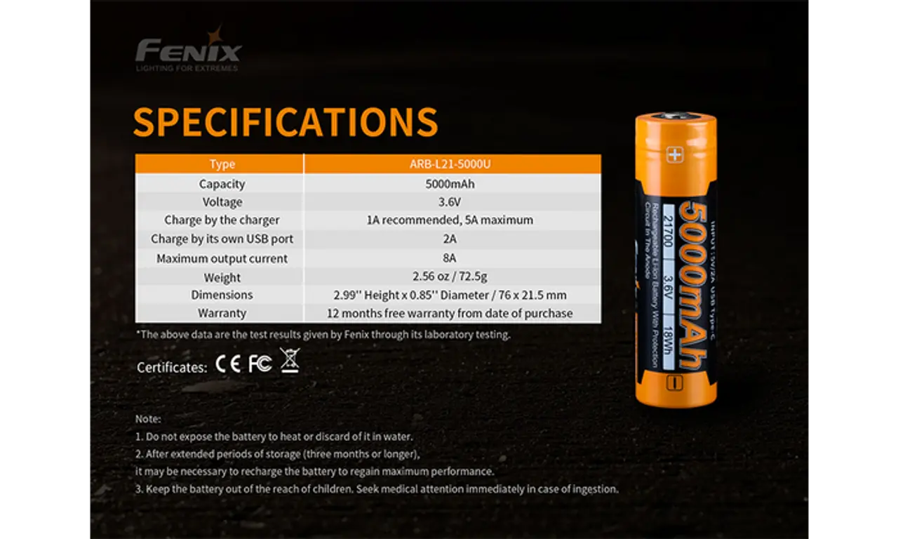 Fenix 21700 USB-C Rechargeable Battery, 5000mAh - F FX-ARBL215000U Fenix