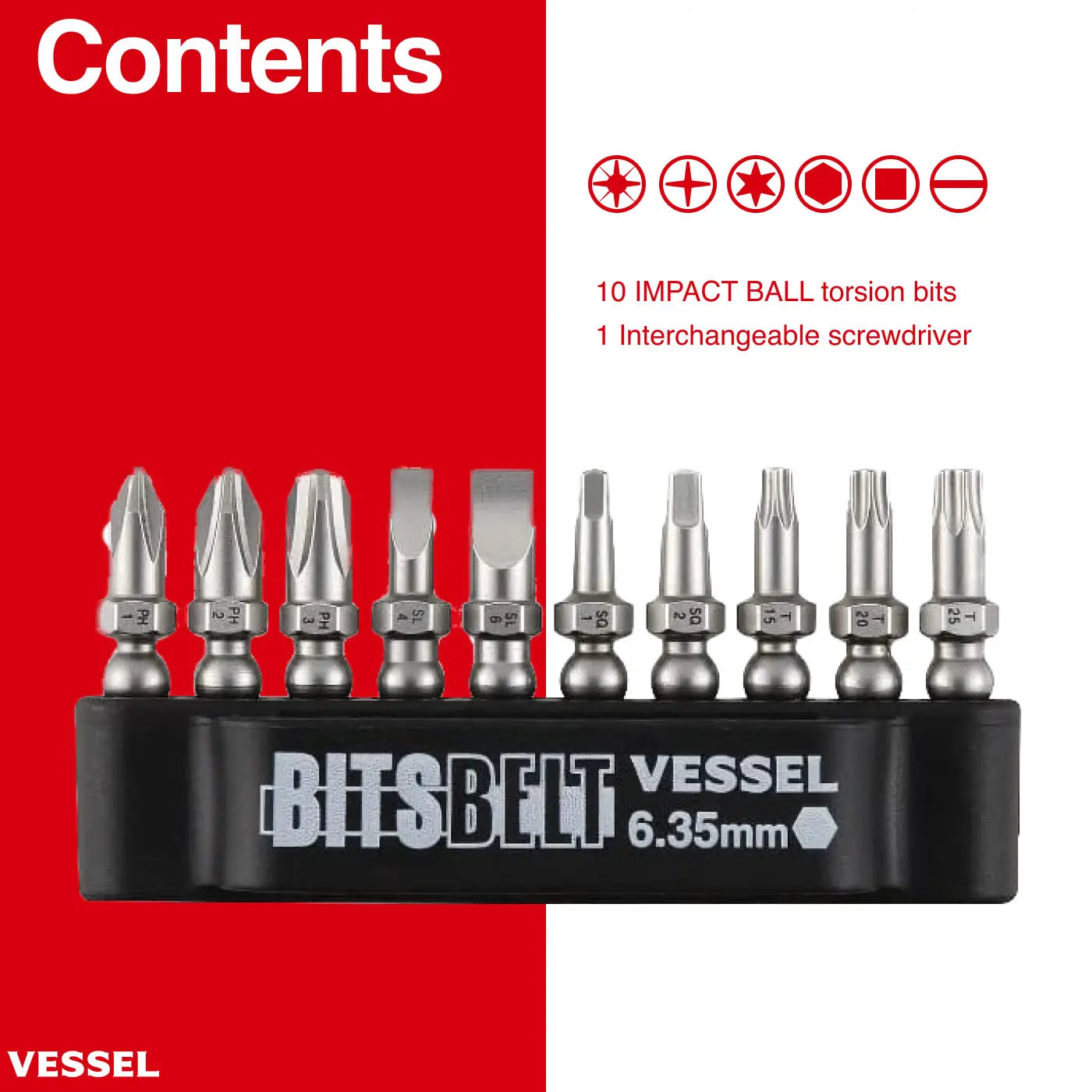 Vessel Tools Ball Ratchet Interchangeable Screwdriver with 10 Piece Bits - VL 2200MBH120K01 Vessel Tools