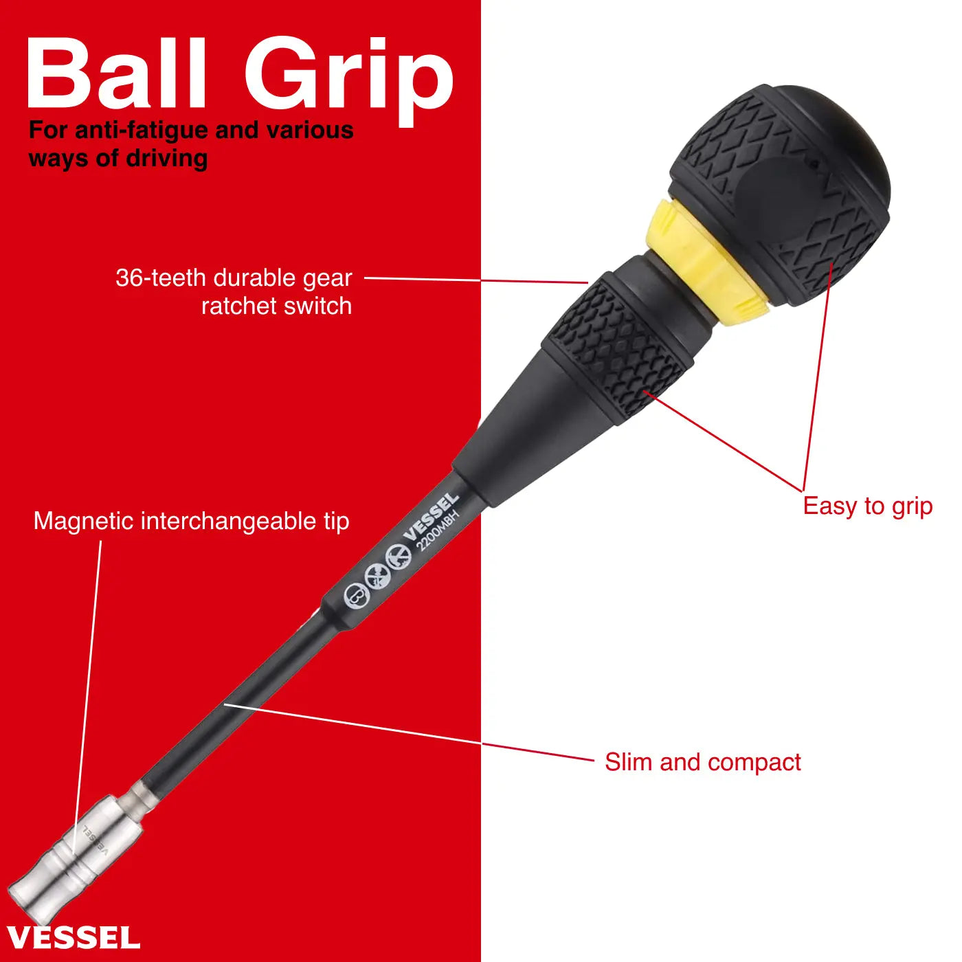 Vessel Tools Ball Ratchet Interchangeable Screwdriver, PH2 x 30mm - VL 2200MBH120 Vessel Tools