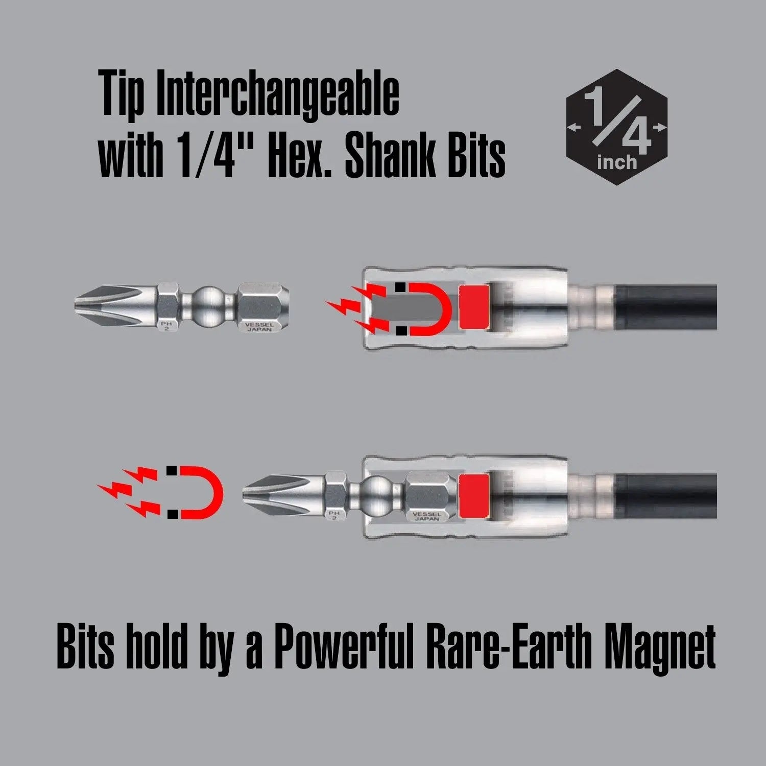 Vessel Tools Ball Ratchet Interchangeable Screwdriver, PH2 x 30mm - VL 2200MBH120 Vessel Tools