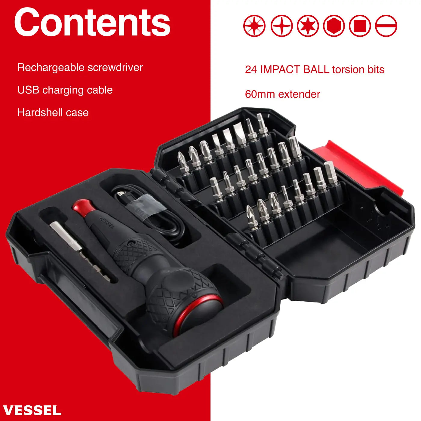 Vessel Tools Rechargeable Ball Grip Screwdriver with 25 Piece Bits - VL 220USB25U Vessel Tools