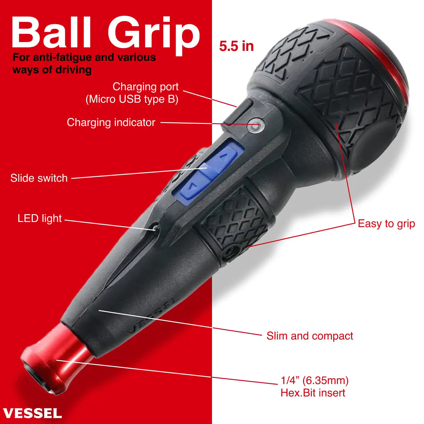 Vessel Tools e-Assist Rechargeable Ball Grip Higher Torque Screwdriver - VL 220USB1U Vessel Tools