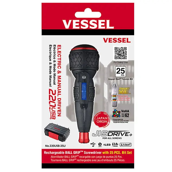 Vessel Tools Rechargeable Ball Grip Screwdriver with 25 Piece Bits - VL 220USB25U