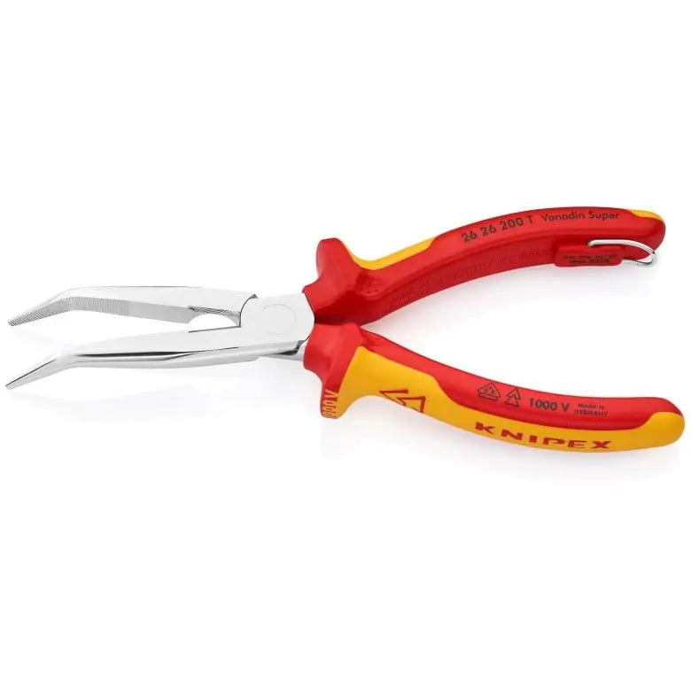 Knipex 1000V Insulated Tethered Attachment 45 deg Angled Long Nose Plier with Cutter, 8 in - KN 26 26 200 T Knipex