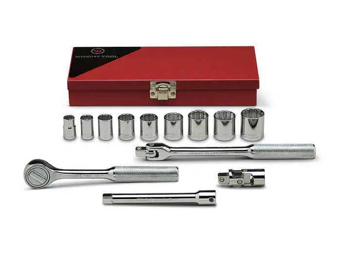 Wright Tool Set of 13 3/8 in Drive 12-Point Standard SAE Socket, Ratchet, Flex Handle, 6 in Extension, Universal with Metal Box, 3/8 in - 7/8 in - WT 330