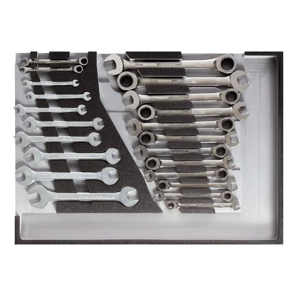 Gedore Red Set of 22 Ratchet and Double Open Ended Spanners with Foam Module - GD 3301687