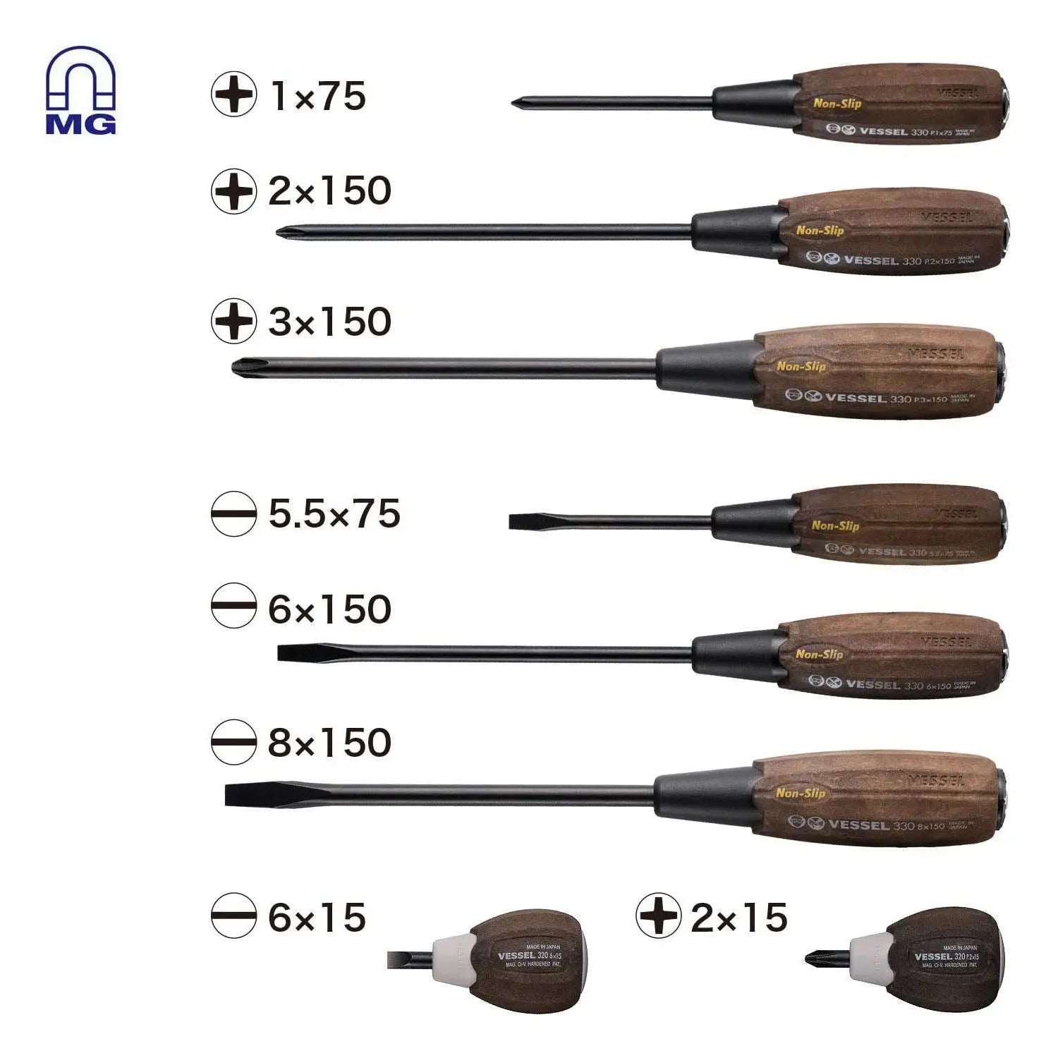 Vessel Tools Set of 8 Wood-Compo Non-Slip Tang-Thru Screwdriver - VL 3308EVA Vessel Tools
