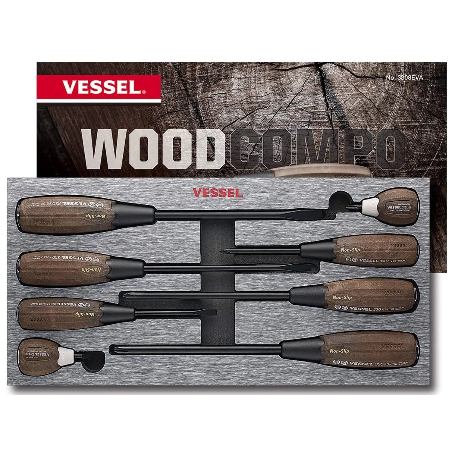 Vessel Tools Set of 8 Wood-Compo Non-Slip Tang-Thru Screwdriver - VL 3308EVA Vessel Tools