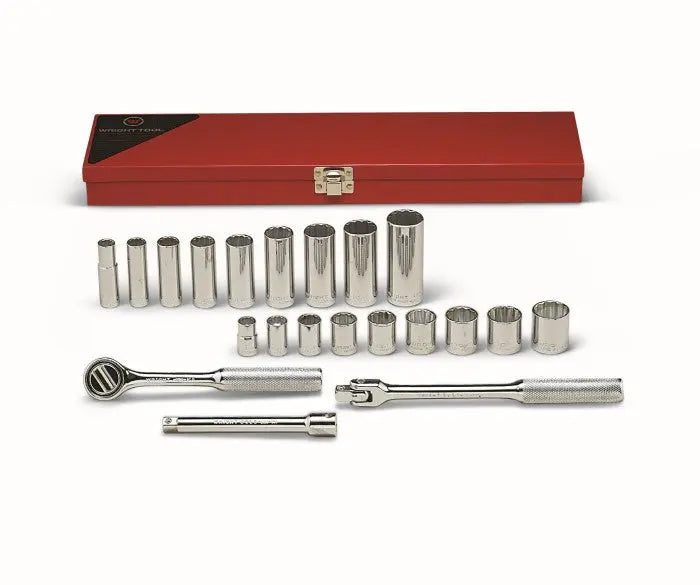 Wright Tool 21 Piece 3/8 in Drive Metal Boxed 12-Point Standard and Deep SAE Socket Set, 3/8 - 7/8 in - WT 338 Socket Set Wright Tool