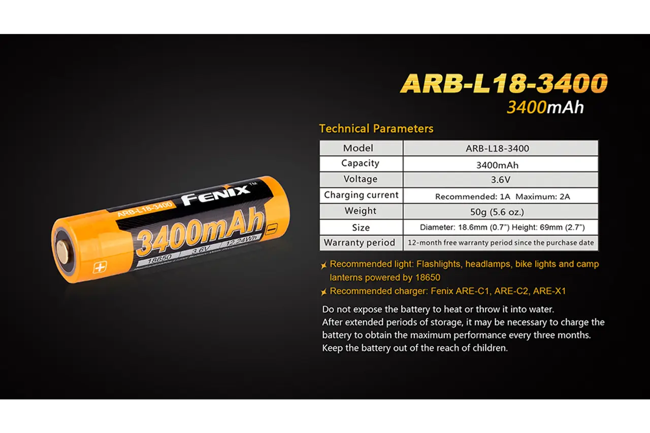 Fenix 18650 Rechargeable Battery, 3400mAh - F FX-ARBL183400 Fenix