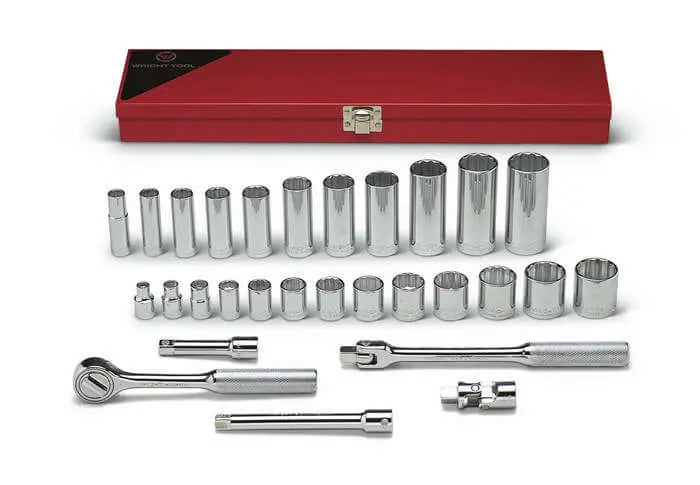 Wright Tool 29 Piece 3/8 in Drive Metal Boxed 12-Point Standard and Deep SAE Socket Set, 1/4 - 1 in - WT 340 Socket Set Wright Tool