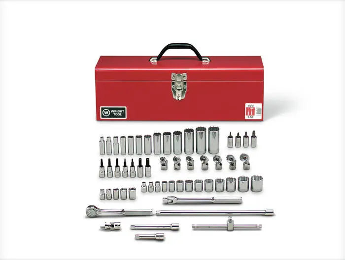 Wright Tool 56 Piece 3/8 in Drive Metal Boxed 6, 8, 12-Point Standard, Deep and Flex SAE Hex and Screwdriver Bit Socket Set - WT 348 Socket Set Wright Tool