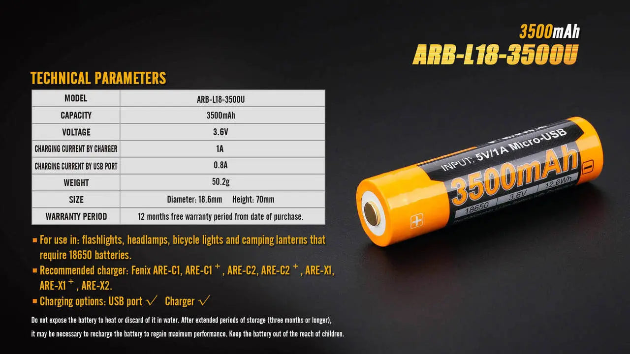 Fenix 18650 USB Rechargeable Battery, 3500mAh - F FX-ARBL183500U Fenix