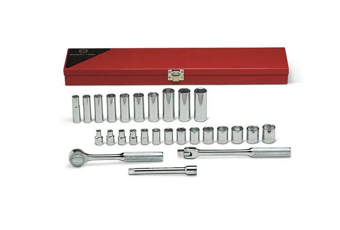 Wright Tool 27 Piece 3/8 in Drive Metal Boxed 6-Point Standard and Deep Metric Socket Set, 6 - 19mm - WT 377 Socket Set Wright Tool