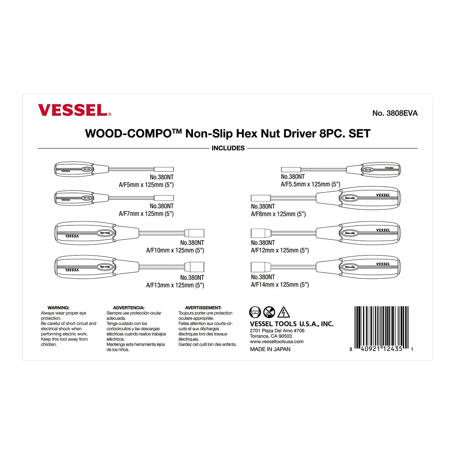 Vessel Tools Set of 8 Wood-Compo Non-Slip Socket Screwdriver - VL 3808EVA Vessel Tools