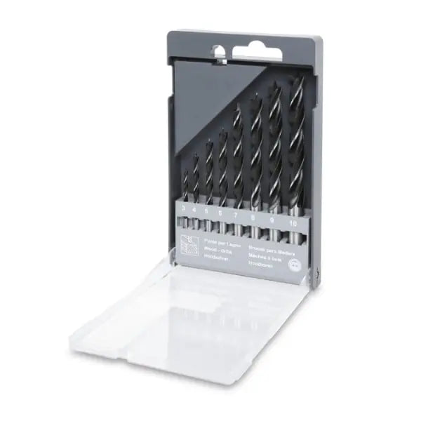 Beta Tools (Article# 420D/SP8) Set of 8 Twist Drills with Cylindrical Shanks for Wood, 2 Cutters, Centre Guide Drill Bits - BT 004200200 