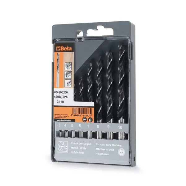 Beta Tools (Article# 420D/SP8) Set of 8 Twist Drills with Cylindrical Shanks for Wood, 2 Cutters, Centre Guide Drill Bits - BT 004200200 