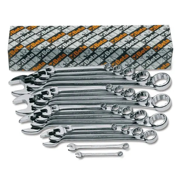 Beta Tools Set of 21 Bright Chrome-Plated Combination, Open End and Bi-Hexagon Ring Wrenches - BT 000421653 