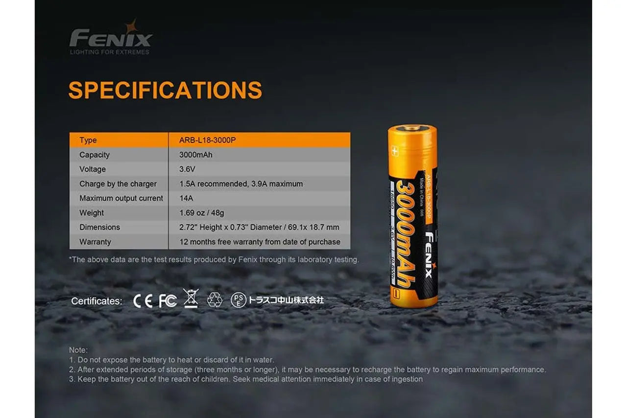 Fenix 18650 Rechargeable Battery, 3000mAh - F FX-ARBL183000P Fenix