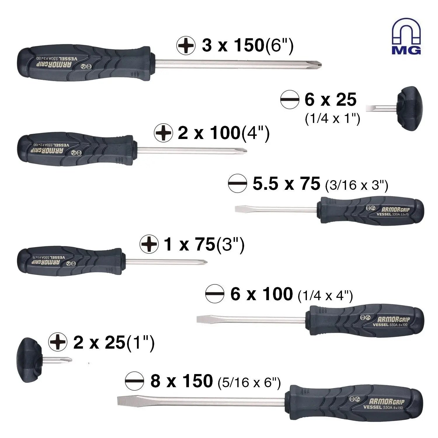 Vessel Tools Set of 8 Armor Grip Screwdriver - VL 550A8PTU Vessel Tools